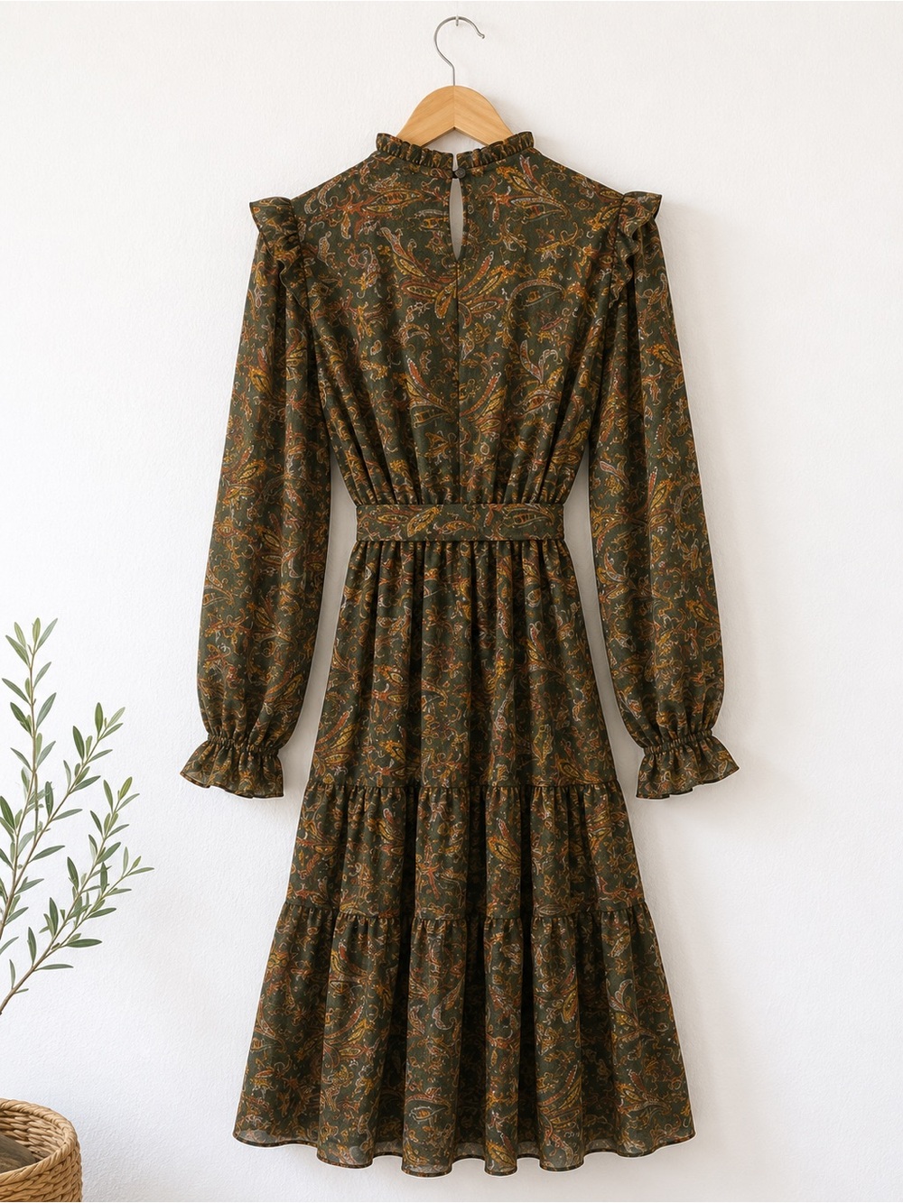 Moon River Paisley Chiffon Midi Dress S Moss Green Boho Prairie Romantic - Picture 3 of 6
